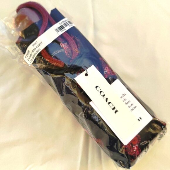 Coach Nylon Sequin Cherry Print UV Protection Mini Umbrella in Black/Silver, NWT - Picture 2 of 3